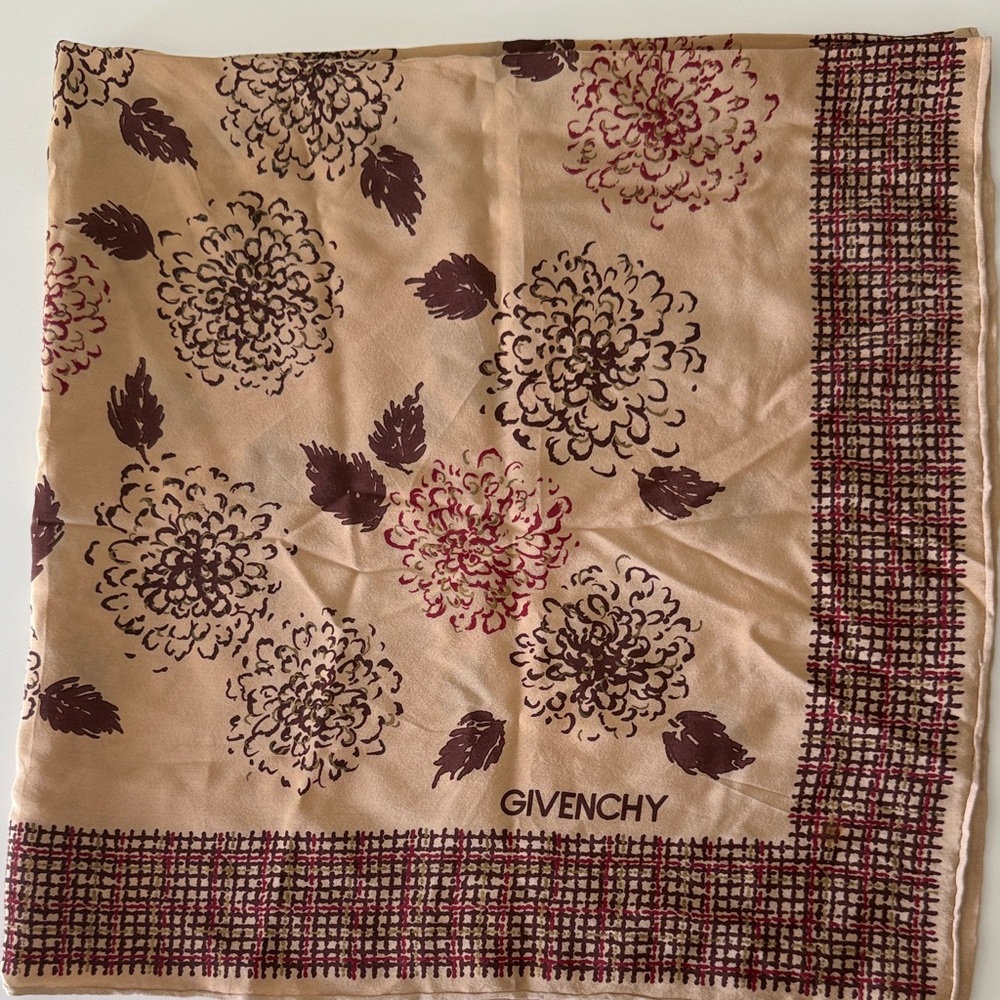 Givenchy silk Floral square Scarf - Tan and Burgundy